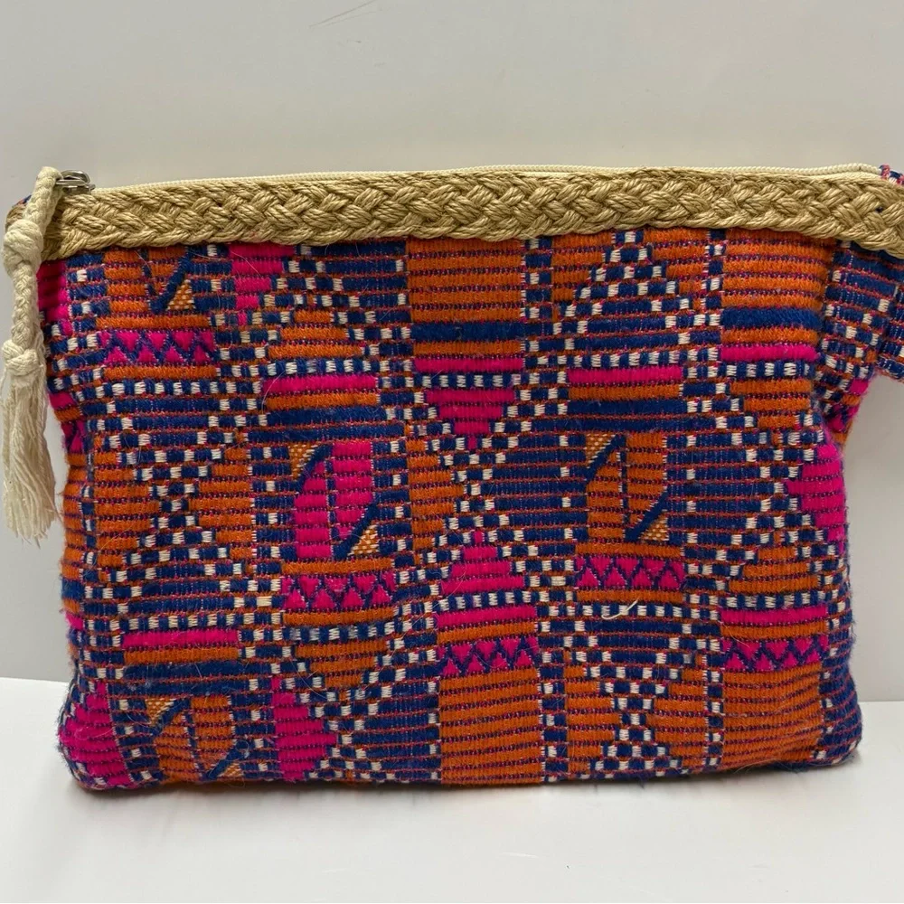 Jute Trim Colorful BoHo Large Cosmetic Bag